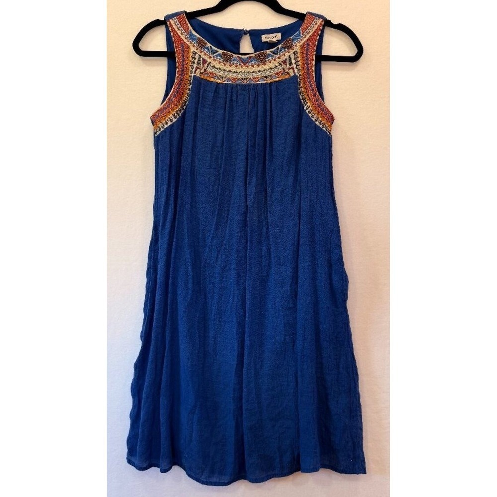 Westport Blue Sleeveless Dress XS • Aztec Beaded Collar • Boho Embroidered